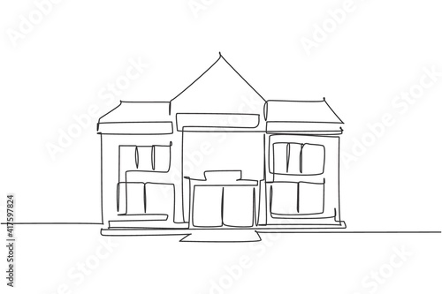 Continuous one line drawing elementary school building at the small city. Back to school hand drawn minimalism concept. Single line draw design for education vector graphic illustration
