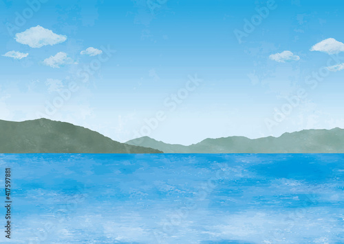 海と山の景色水彩画