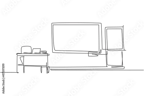 Single continuous line drawing school classroom interior with blackboard in front of class. Back to school minimalist style. Education concept. Modern one line draw graphic design vector illustration