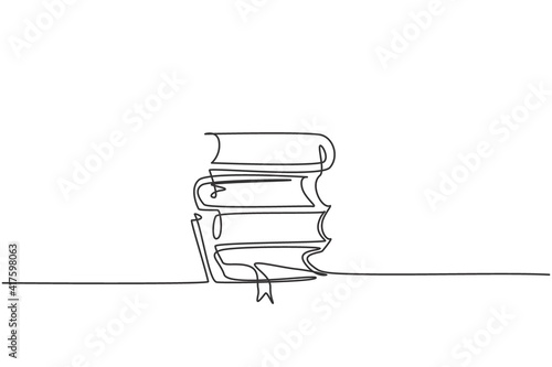 Single one line drawing of stack of note books on table. Back to school minimalist, education concept. Pile of books continuous simple line draw style design graphic vector illustration