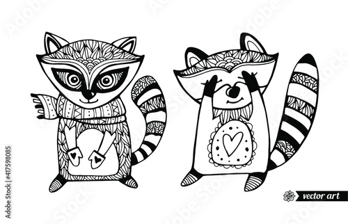 Raccoons isolated. Hide-and-seek game. Cute cartoon animal. Funny character. Vector. Black and white. Coloring book pages for children, kids. Zentangle artwork. Illustration, branding, logo, label