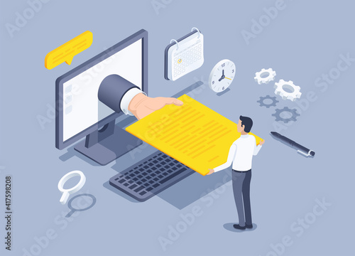 isometric vector illustration on a gray background, a man passes a resume through a computer, a hand with a document, a resume submission photo