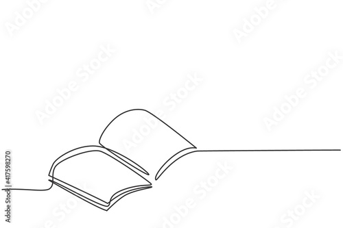 Single one line drawing of open text book for study. Back to school minimalist, education concept. Continuous simple line draw style design graphic vector illustration