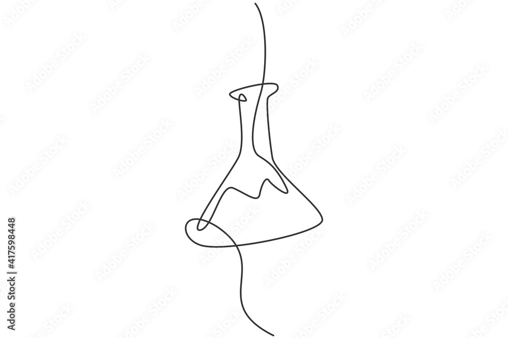 Single continuous line drawing of flask glass for experiment liquid on