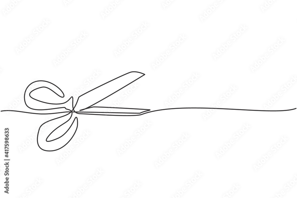 Single one line drawing of child plastic scissor. Craft tool. Back to school minimalist, education concept. Continuous simple line draw style design graphic vector illustration Single one line drawing of child plastic scissor. Craft tool. Back to school minimalist, education concept. Continuous simple line draw style design graphic vector illustration