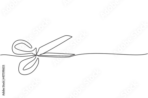 Single one line drawing of child plastic scissor. Craft tool. Back to school minimalist, education concept. Continuous simple line draw style design graphic vector illustration
