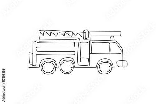 Continuous one line drawing of emergency road vehicle fire engine. Fire truck rescue as fire fighter apparatus hand drawn minimalist concept. Modern single line draw design vector graphic illustration
