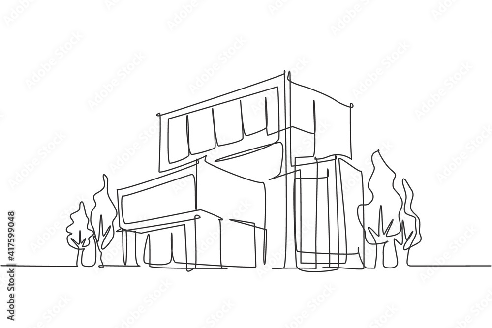 Continuous one line drawing of luxury house construction building at city. Home property architecture hand drawn minimalist concept. Modern single line draw design vector graphic illustration