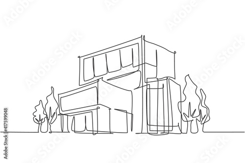 Continuous one line drawing of luxury house construction building at city. Home property architecture hand drawn minimalist concept. Modern single line draw design vector graphic illustration