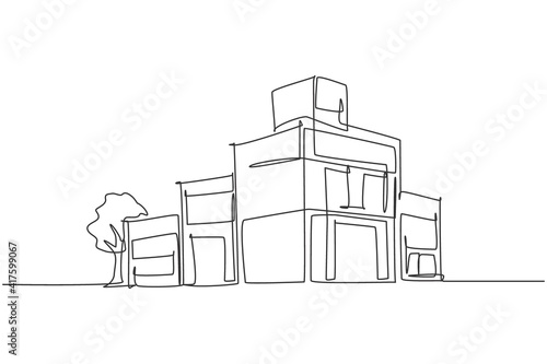 Single one line drawing of big exclusive house architectural exterior. Home building construction isolated doodle minimal concept. Trendy continuous line draw design graphic vector illustration