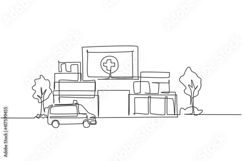 Continuous one line drawing hospital building construction at countryside. Medical health care infrastructure hand drawn minimalist concept. Modern single line draw design vector graphic illustration