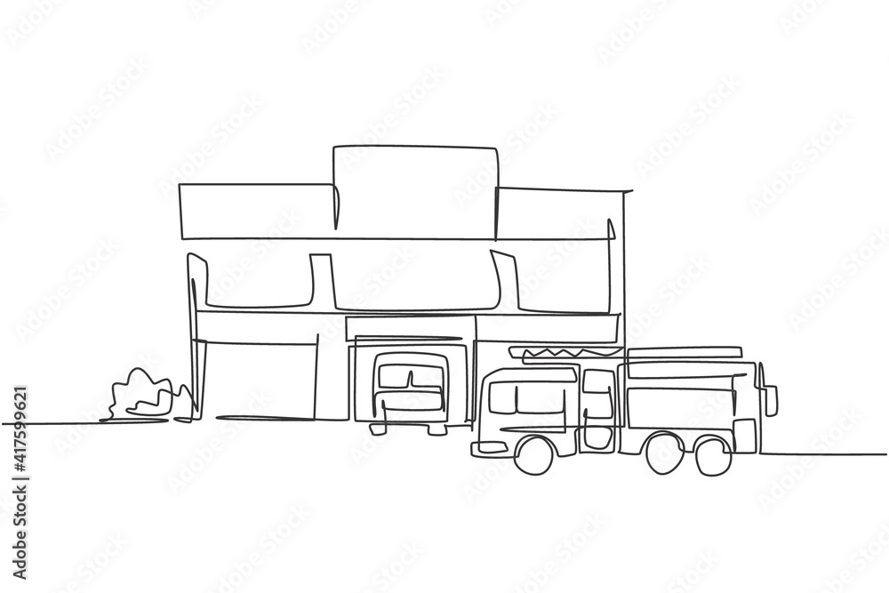 Single continuous line drawing of fire station building construction. Firemen basecamp office isolated minimalism concept. Dynamic one line draw graphic design vector illustration on white background