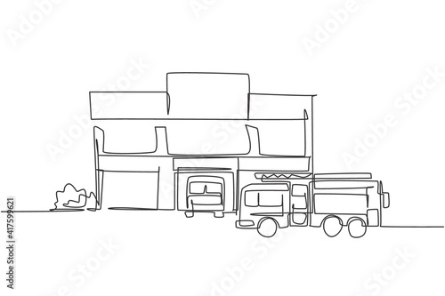 Single continuous line drawing of fire station building construction. Firemen basecamp office isolated minimalism concept. Dynamic one line draw graphic design vector illustration on white background