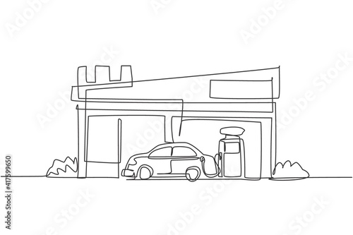 Single one line drawing of gas station for refueling car gasoline. Rest area construction building isolated doodle minimal concept. Trendy continuous line draw design graphic vector illustration