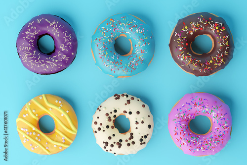 Assorted donuts with colorful icings on blue background. 3d illustration. Colorful donuts background. Various glazed doughnuts with sprinkles.