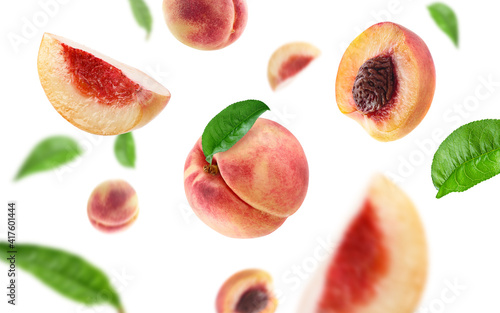 peach slices and leaves flying on air