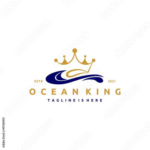 Simple Swimming Pool Silhouette Sea Ocean Water Wave and Golden Crown Logo Design Inspiration