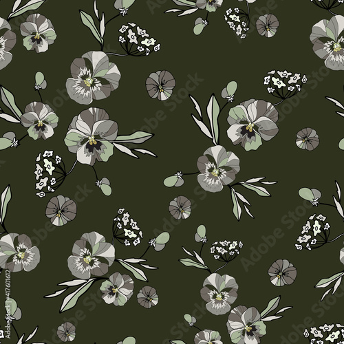Seamless decorative elegant pattern with cute flower of viola. Vintage antique watercolor style print for textile, wallpaper, covers, surface