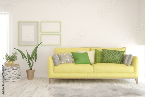 White living room with yellow sofa and green pillows. Scandinavian interior design. 3D illustration © AntonSh