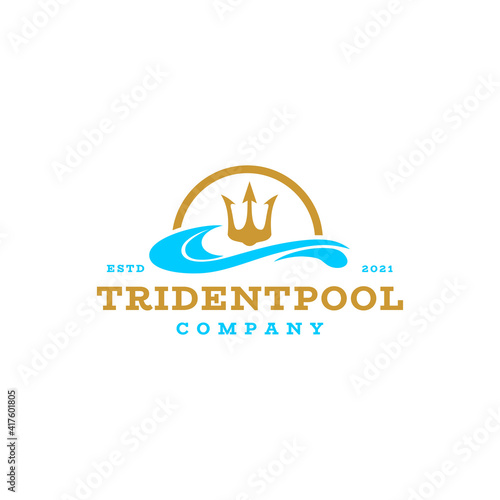 Simple Swimming Pool Silhouette Sea Ocean Water Wave and Golden Trident Logo Design Inspiration