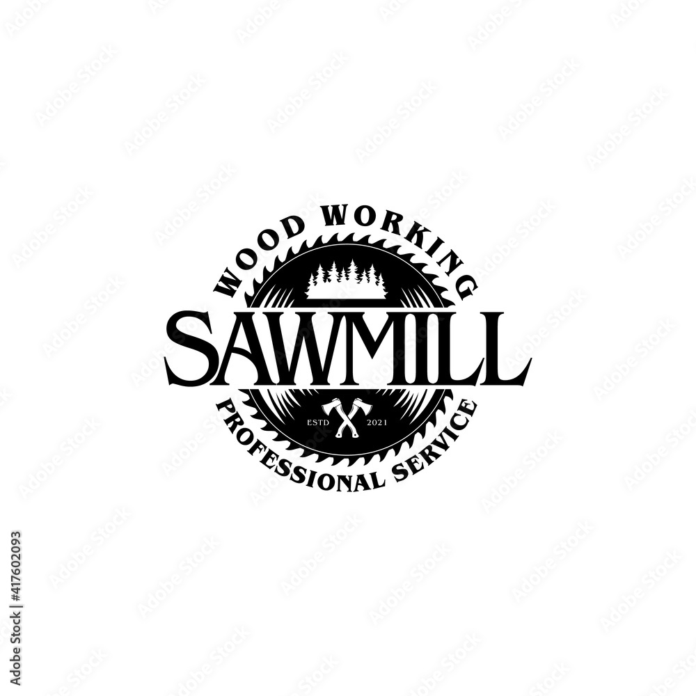 Fototapeta premium Sawmill Emblem Logo Vector for Carpentry, Woodworkers, Lumberjack, Sawmill Service Isolated on White Background