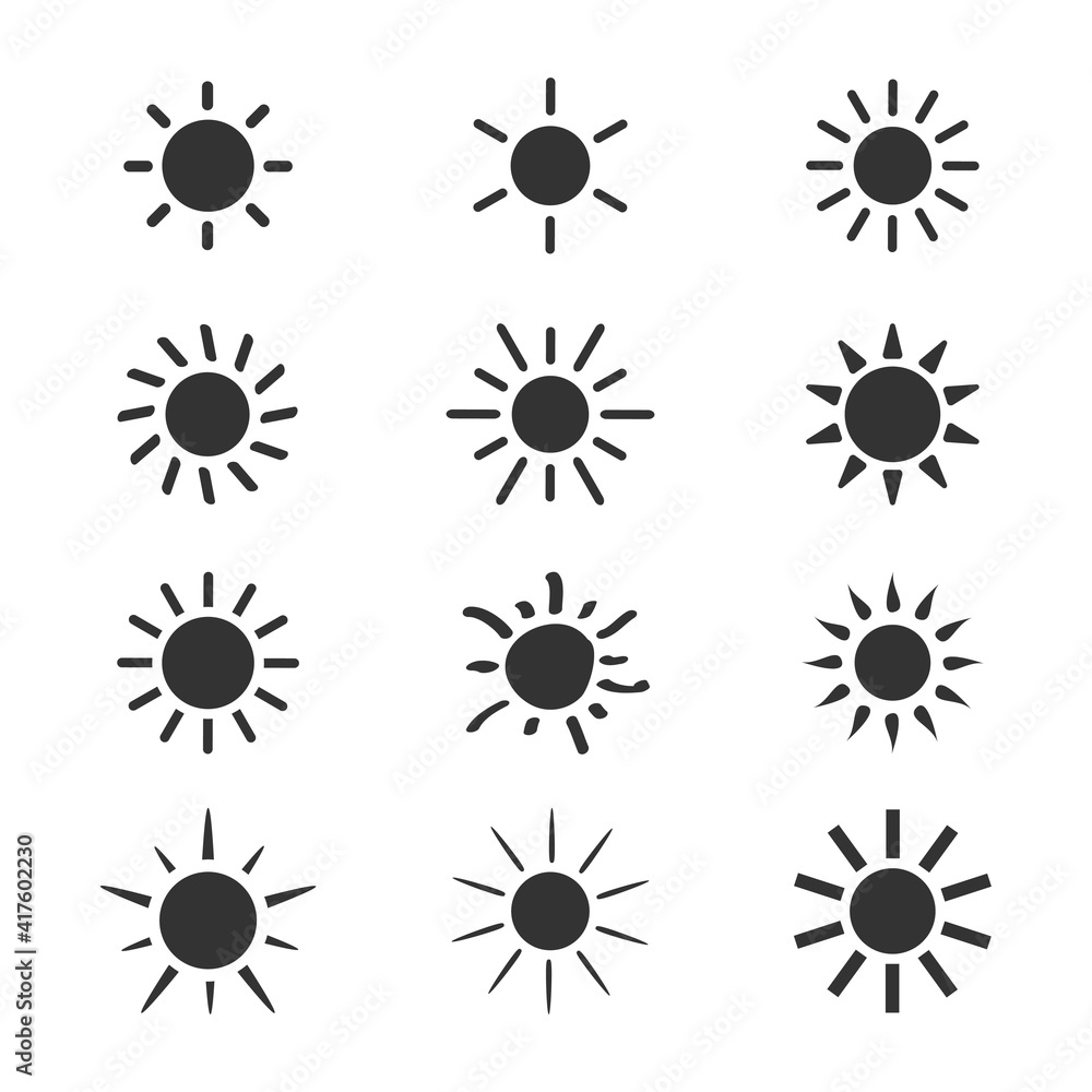 Sun icon set. Black sun silhouette group. Warm weather symbol collection. Vector isolated on white Sun icon set. Black sun silhouette group. Warm weather symbol collection. Vector isolated on white