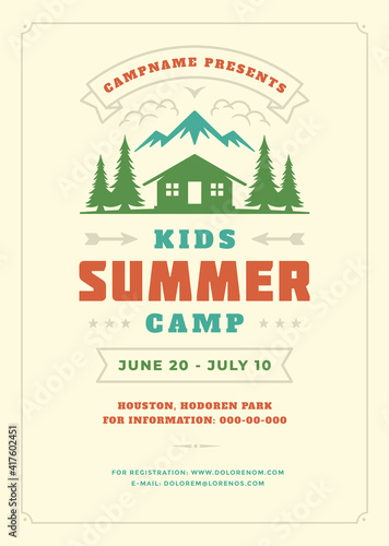 Kids summer camp poster or flyer event retro typography design template and forest lanscape and tent background.