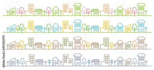 線画のカラフルな町並み　四季イメージ