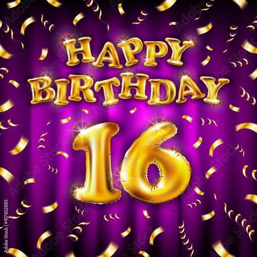 16 Happy Birthday message made of golden inflatable balloon sixteen letters isolated on pink background fly on gold ribbons with confetti. Happy birthday party balloons concept vector illustration