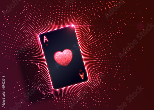 Ace of Hearts flying, glowing neon card with lights. Vector background.