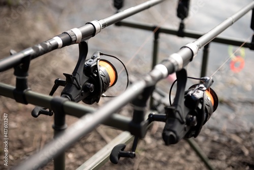 Carp fishing rods with reels isolated.