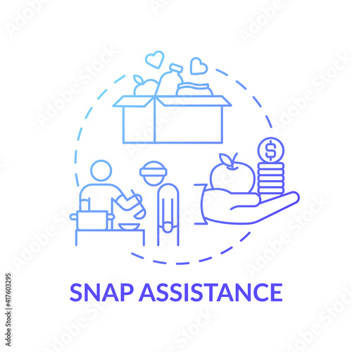 SNAP assistance concept icon. Helping to homeless people idea thin line illustration. Supplemental nutrition. Fighting with hunger. Hungry and undernourished. Vector isolated outline RGB color drawing