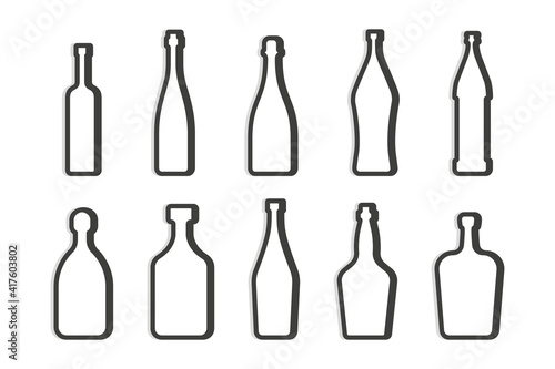 Vodka red wine champagne whiskey liquor rum martini vermouth beer tequila bottle. Simple linear shape. Isolated object. Symbol in thin lines. Dark outline. Flat illustration on white background