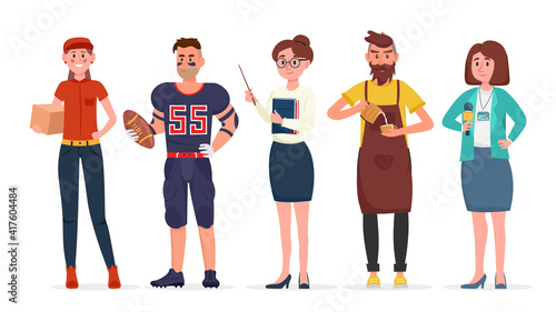 Group of people of different job professions. Courier, american football player, teacher, barista and journalist. Vector Illustration.