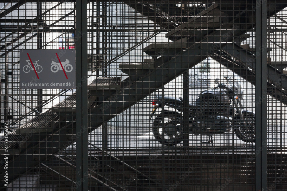 The motorcycle is parked in a prohibited place. France. Paris