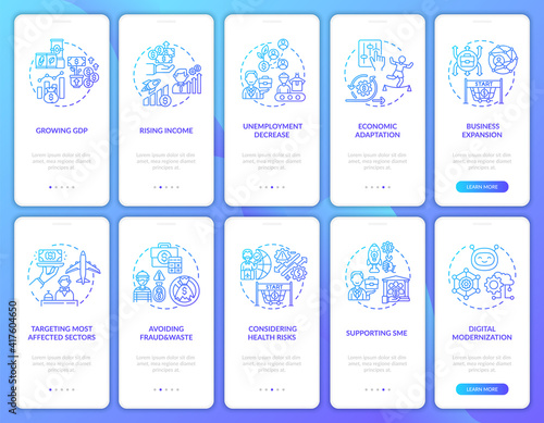 Economic recovery onboarding mobile app page screen with concepts set. Avoiding fraud and waste walkthrough 5 steps graphic instructions. UI vector template with RGB color illustrations