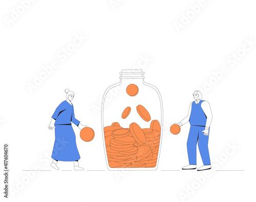 Money savings concept. Elderly characters with jar of coins. Female and male persons putting money in pension fund. Senior couple have invested in a retirement fund. Mature pairs family budget.