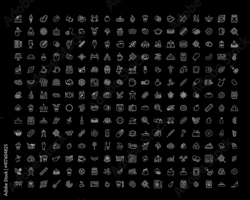 Food white linear icons set for dark theme. Cookery and dinner preparation. Grill meat. Sweet dessert. Night mode customizable thin line symbols. Isolated vector outline illustrations. Editable stroke