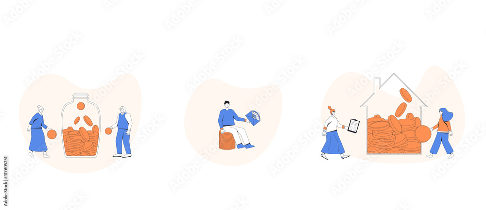 Finance concepts. Different characters with money scenes on white background. Pension funds, saving money, salary, invest in REIT. People with income set. Vector illustration. Finance concepts. Different characters with money scenes on white background. Pension funds, saving money, salary, invest in REIT. People with income set. Vector illustration.