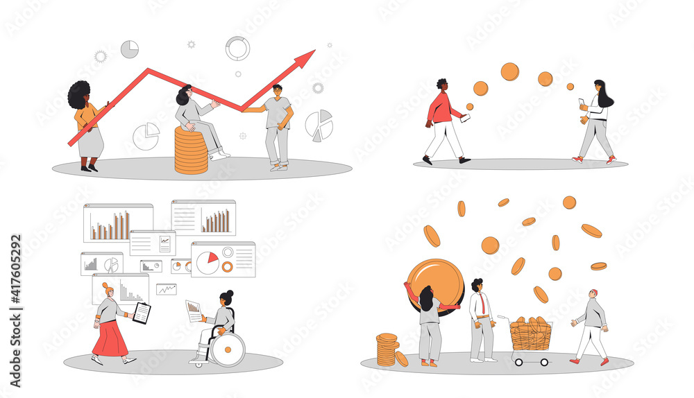 Financial and business analytics set. Different characters with money  and graphs isolated on white background. Budget, business advisor, investors, donation, online payment. People with income.
