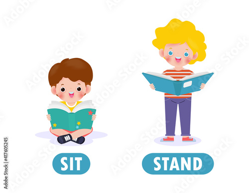 Opposite sit and stand, Words antonym for children with cartoon characters cute happy kids reading book Flat vector illustration isolated on white background
