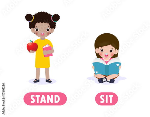 Opposite sit and stand, Words antonym for children with cartoon characters cute happy kids reading book Flat vector illustration isolated on white background
