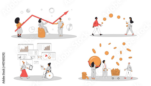Financial and business analytics set. Different characters with money  and graphs isolated on white background. Budget, business advisor, investors, donation, online payment. People with income.