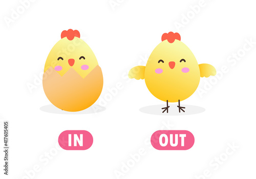 Opposite in and out Words antonym for children with cartoon characters cute little Chick, funny animal Flat vector illustration isolated on white background
