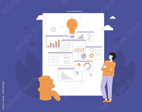 Data analysis concept. Manager with presentation. Financial  consultant with online report. Vector line art illustration.