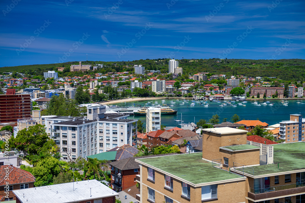 Aerial view of Manly skyline from a city rooftop