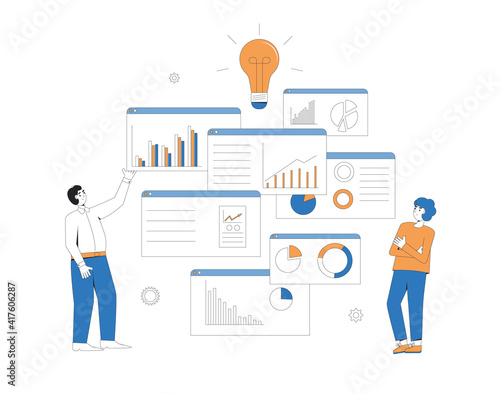 Business analysis concept. Managers with schemes and diagrams. Financial researchers. Vector line art illustration.
