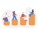 Return on investment concept. Business growth. Income. People  with money. Different characters sitting and standing on stack of coins. Vector line art illustration.
