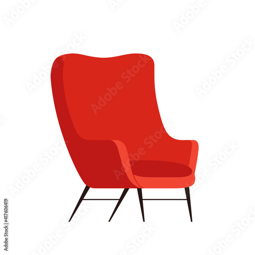 Stylish red comfortable armchair in flat cartoon style. Part of the interior of a living room or office. Isolated on white background