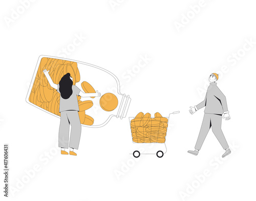 Spend money concept. Characters with pile of coins. Female aperson put her savings to shopping bag. Vector  line art illustration.